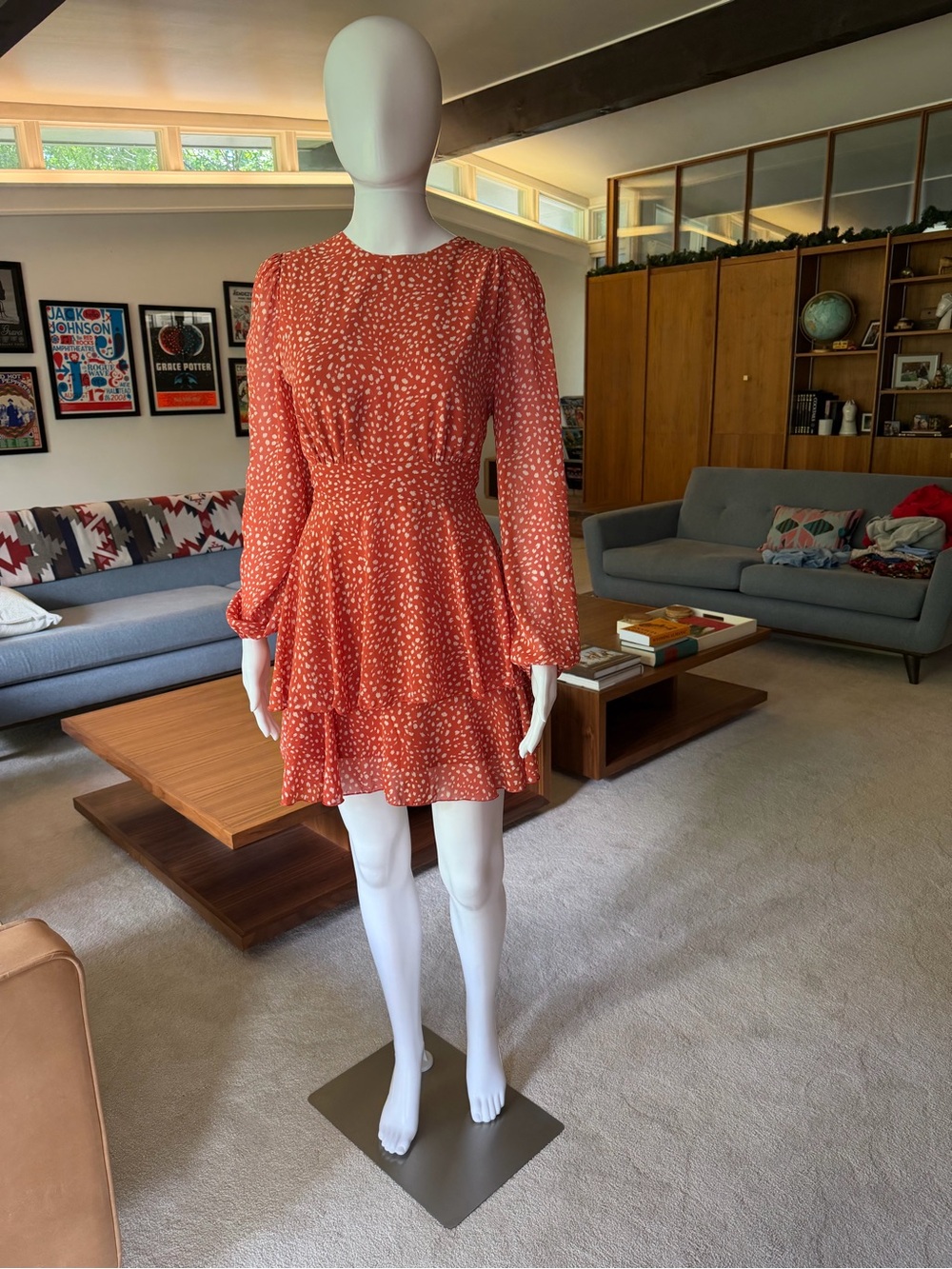 Women's Rust/Coral Long-Sleeve Tiered Mini Dress